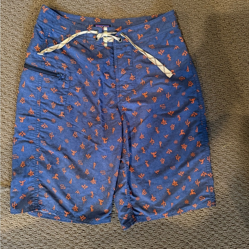 Patagonia Blue and Orange Patterned Board Shorts